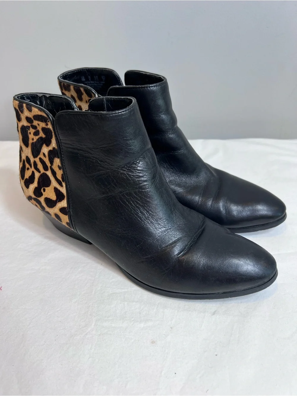 Franco Sarto Quasar black leather ankle boots leopard print calf hair heel 10